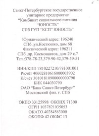 Реквизиты СПб ГУП КСП Юность